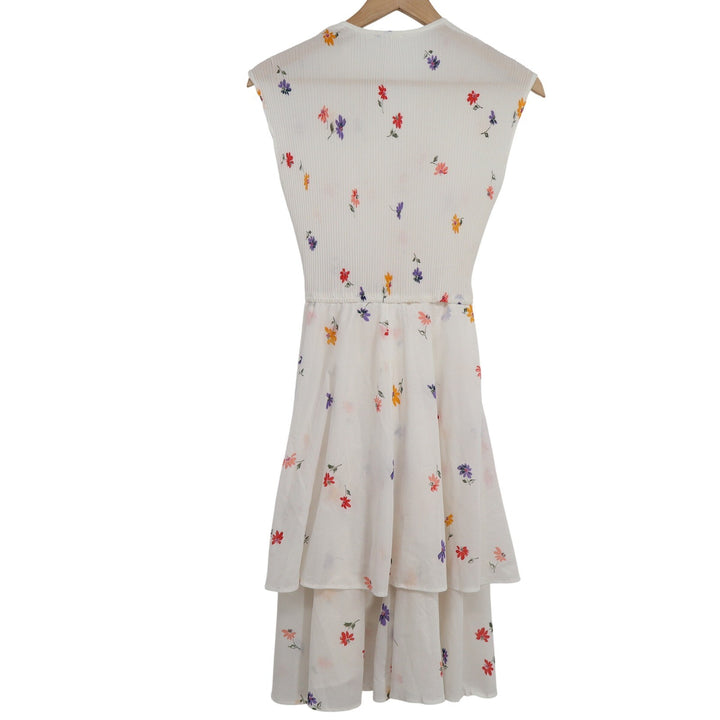 White Floral Pleated V-Neck Midi Dress Sleeveless High-Low Tiered Ruffle Skirt
