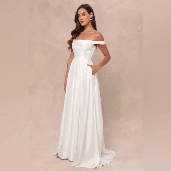 Lulus Extraordinary Vow White Off-The-Shoulder Maxi Dress With Pockets Size XL