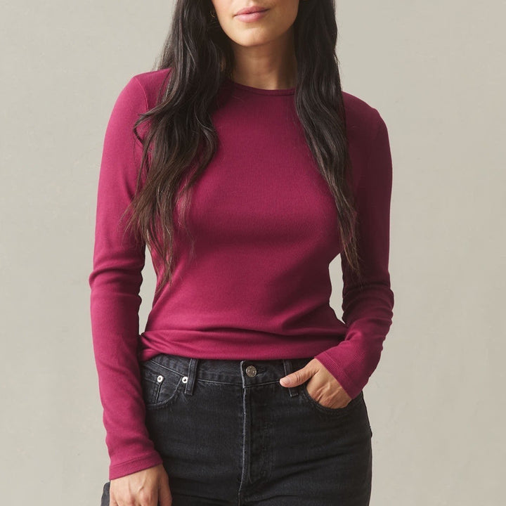 American Giant Womens Long Sleeve Ribbed Knit Crew Neck T Shirt Burgundy Size M