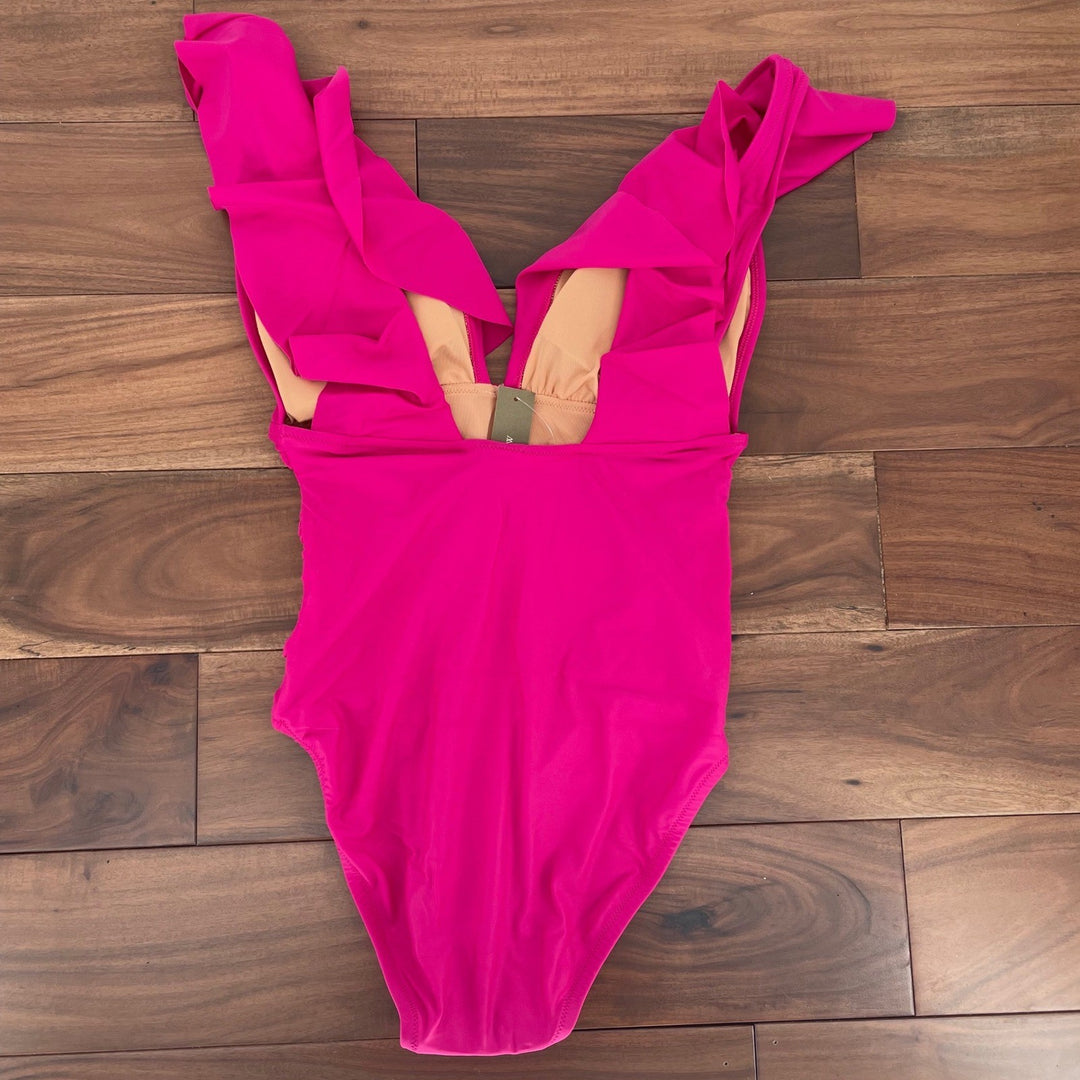 J. Crew One Piece Swimsuit Ruffle Deep V Neck Hot Pink Size 8