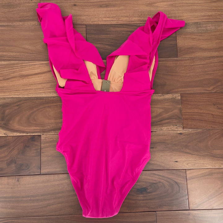 J. Crew One Piece Swimsuit Ruffle Deep V Neck Hot Pink Size 8