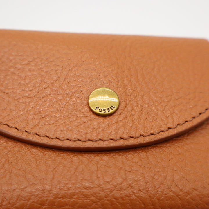 Fossil Tan Pebbled Leather Trifold Compact Wallet with Coin Pouch Brass Snap