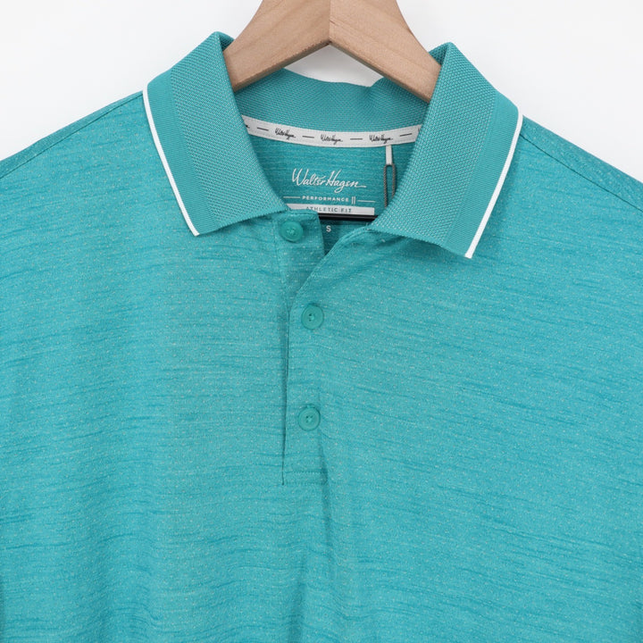 Walter Hagen Mens P11 Birdseye Athletic Fit Polo Shirt Aqua Blue Heather S