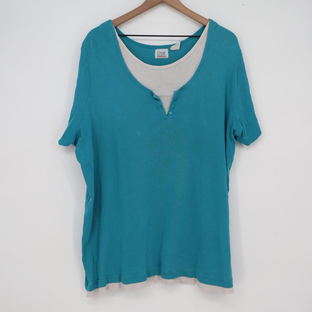 Only Necessities Womens 1X Teal Blue Layered Henley Short Sleeve Cotton Top