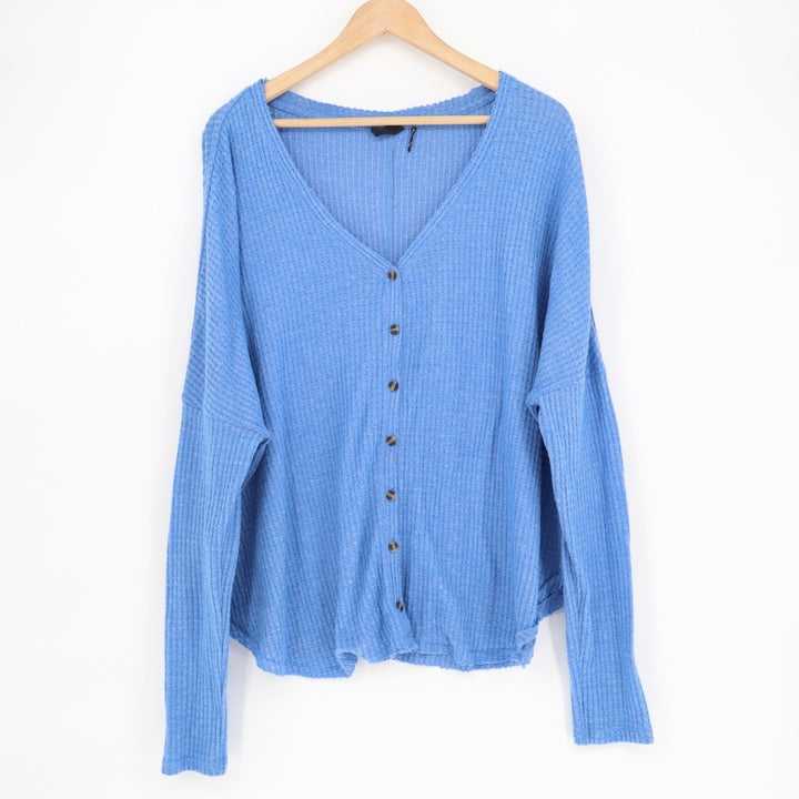 Out From Under Cardigan Sweater Womens L Blue Stretch Waffle Knit Drop Shoulder