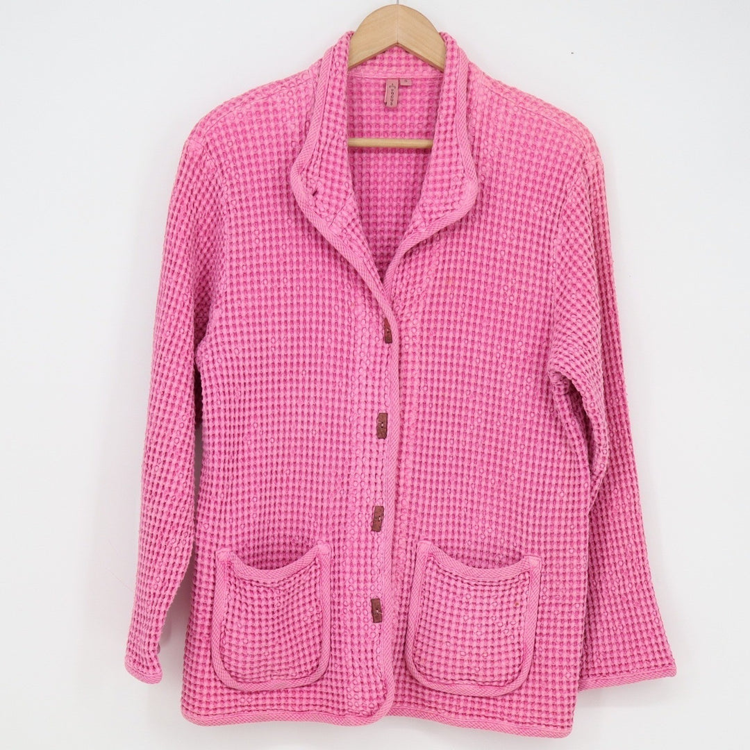 Focus Pink Waffle Knit 100% Cotton Button Front Cardigan Jacket Womens S
