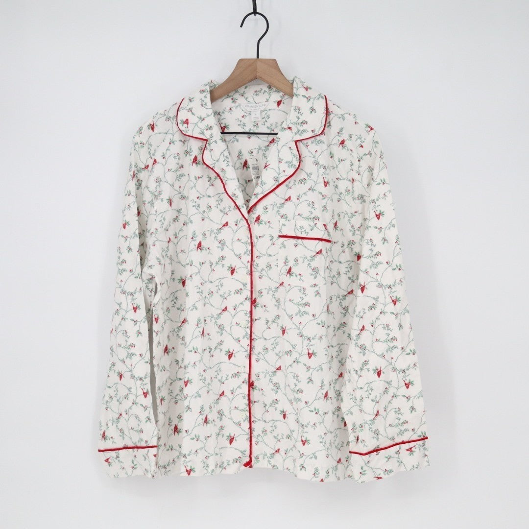 Charter Club Flannel Pajamas Top Womens Large White Floral Cotton Button Front