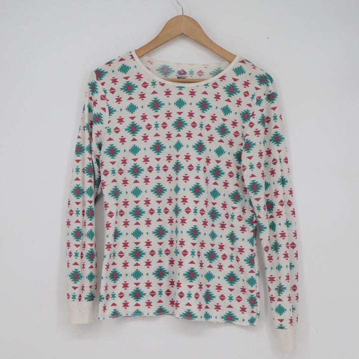 Fruit of the Loom Womens Large Thermal Top Southwestern Waffle Knit Teal Pink L