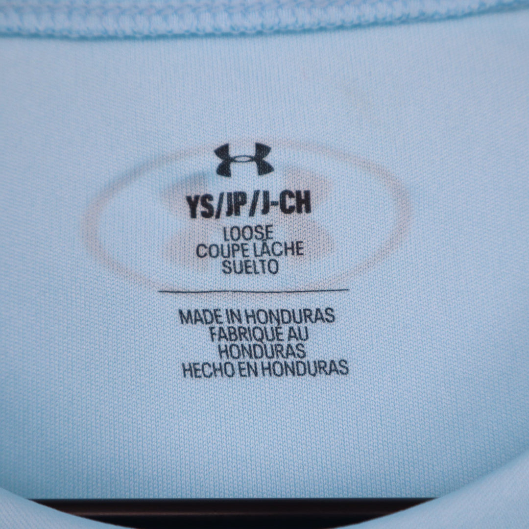 Under Armour Boys Tech Hybrid Print SS Shirt Blue Big Logo Youth Small