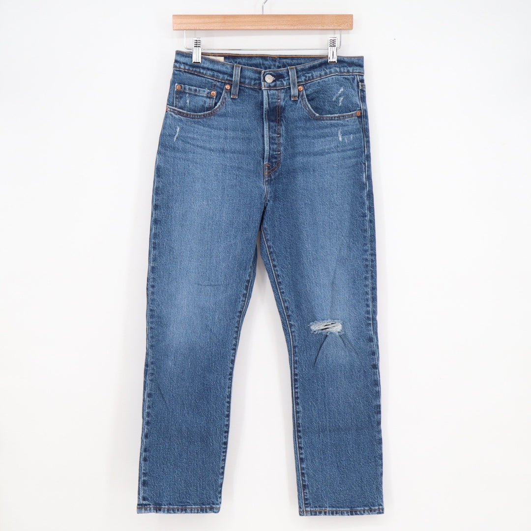 Levis Premium 501 Original Cropped Distressed Jeans Blue 28x26 Medium Wash