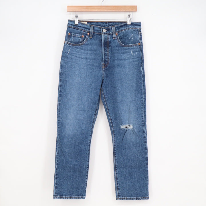 Levis Premium 501 Original Cropped Distressed Jeans Blue 28x26 Medium Wash
