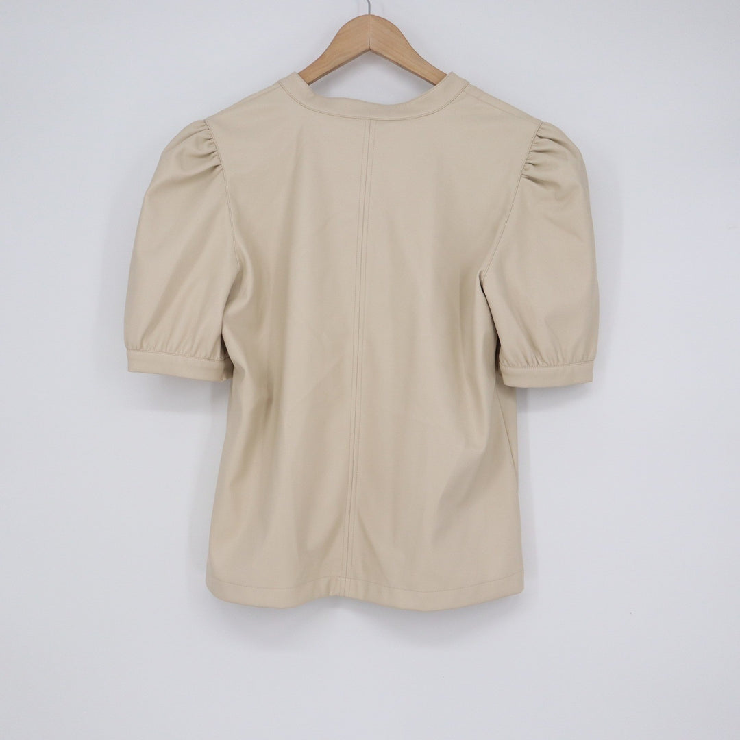 Steve Madden Jane V Neck Top Bone Beige Faux Leather Puff Sleeve Large
