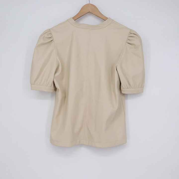 Steve Madden Jane V Neck Top Bone Beige Faux Leather Puff Sleeve Large
