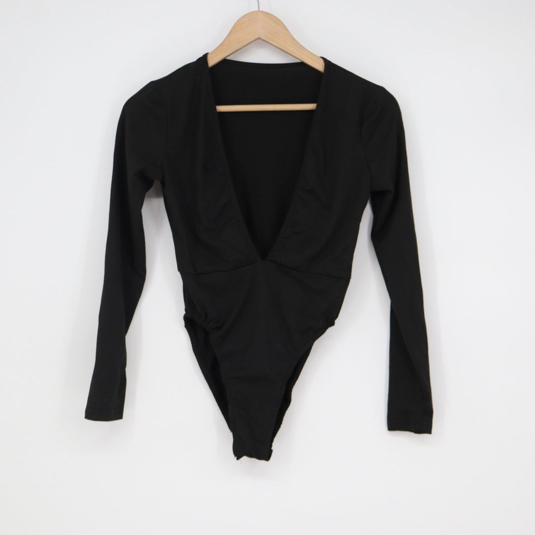 SHEIN Womens Black Deep V-Neck Long Sleeve Bodysuit Size XS 2 Solid Minimalist
