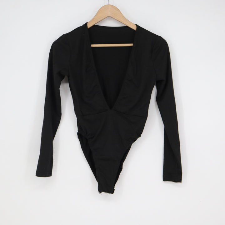 SHEIN Womens Black Deep V-Neck Long Sleeve Bodysuit Size XS 2 Solid Minimalist