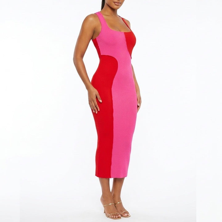 Naked Wardrobe Pink Red Colorblock Ribbed Midi Dress Small