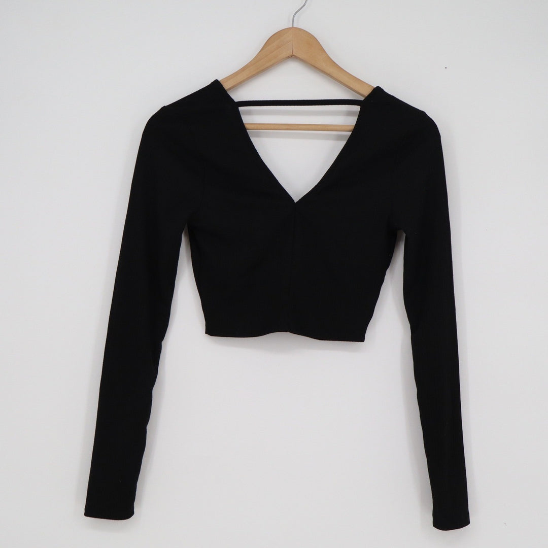 AFRM Womens Black Ribbed V-Neck Long Sleeve Cropped Top Back Strap Detail XS