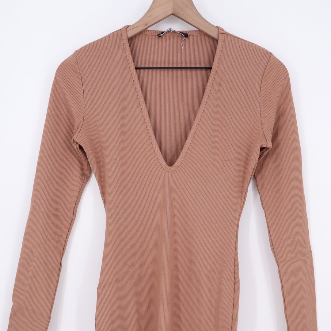 Naked Wardrobe Ribbed Deep V-Neck Maxi Dress Mauve Brown Long Sleeve Large