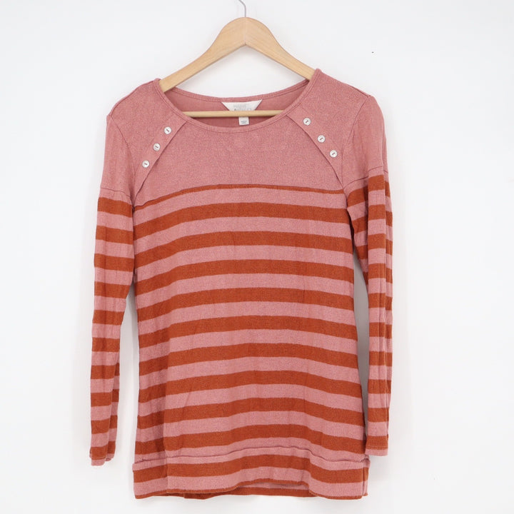 Market & Spruce Pink Orange Striped Button Shoulder Long Sleeve Top S