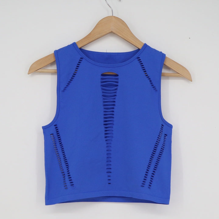 Royal Blue Laser Cut Seamless Athletic Crop Top Sleeveless Distressed Tank