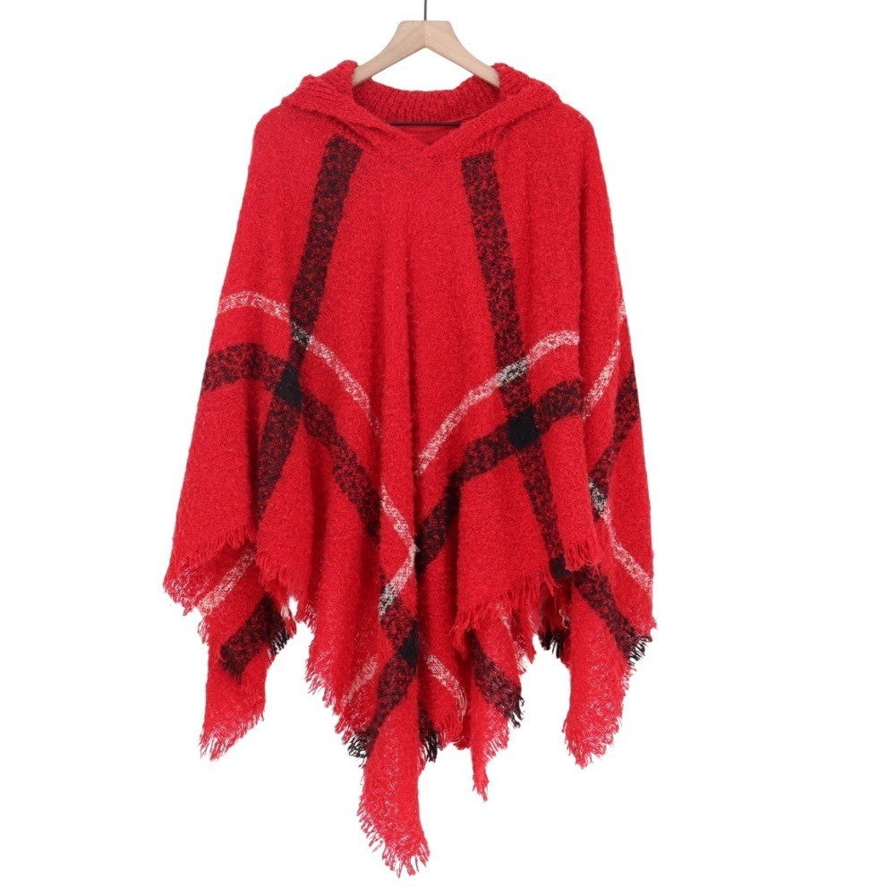 Knitted Hood Poncho Womens One Size Red Black Plaid Fringe Trim Outdoor Wear