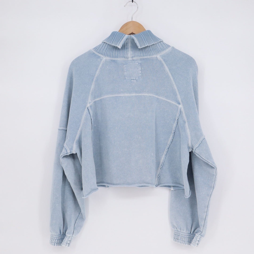 Aerie Cropped Sweater Womens Small Blue Knit Cotton Turtleneck Raglan Sleeve