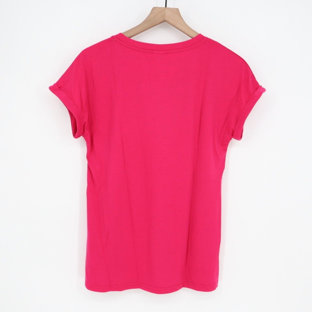 XIEERDUO Hot Pink V Neck Short Sleeve T Shirt Women Size S Rolled Cuffs