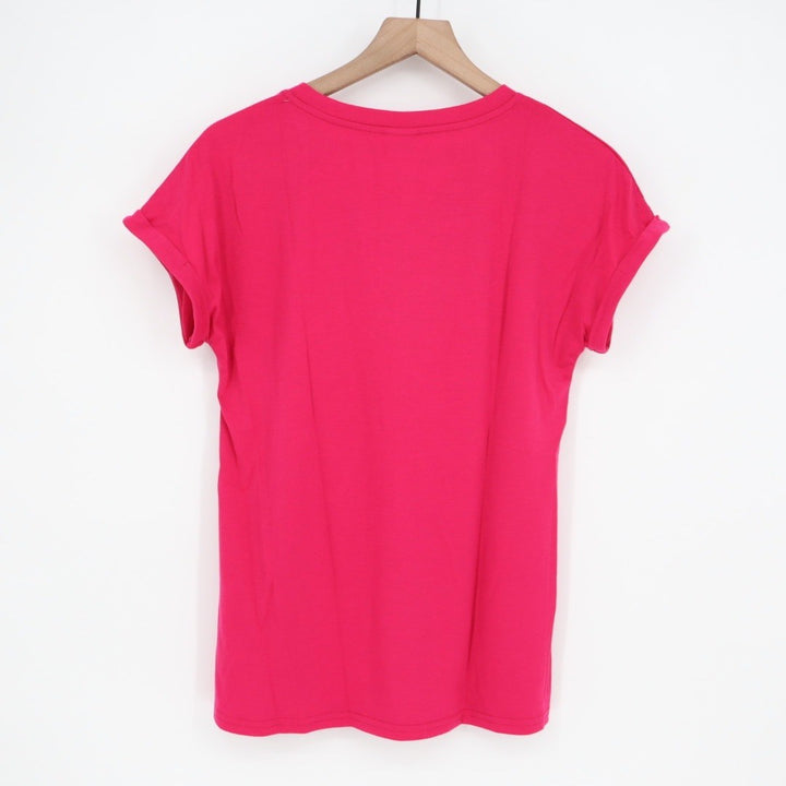 XIEERDUO Hot Pink V Neck Short Sleeve T Shirt Women Size S Rolled Cuffs