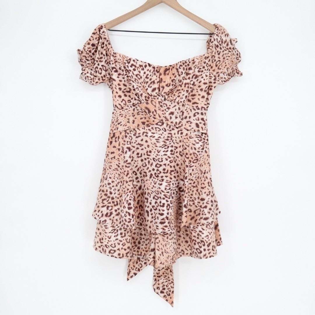 Jumpsuit Womens Large Brown Leopard Print Off The Shoulder Back Zip Puff Sleeve