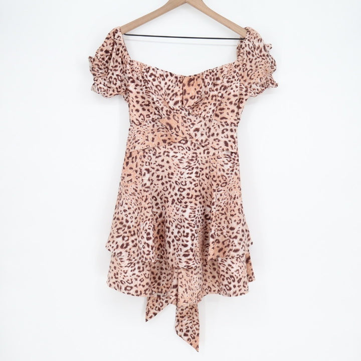 Jumpsuit Womens Large Brown Leopard Print Off The Shoulder Back Zip Puff Sleeve
