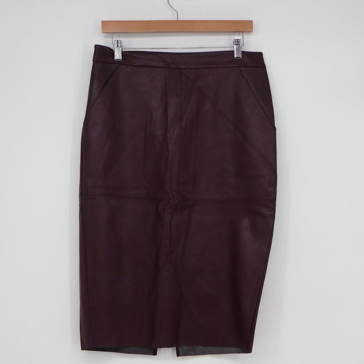 Express Womens Burgundy Faux Leather Pencil Skirt Midi High Waist Size 10