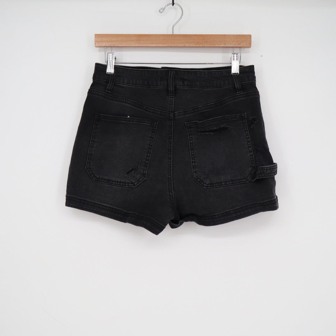 Forever 21 Womens Black Distressed Carpenter Denim Shorts Size 30 Utility Loop
