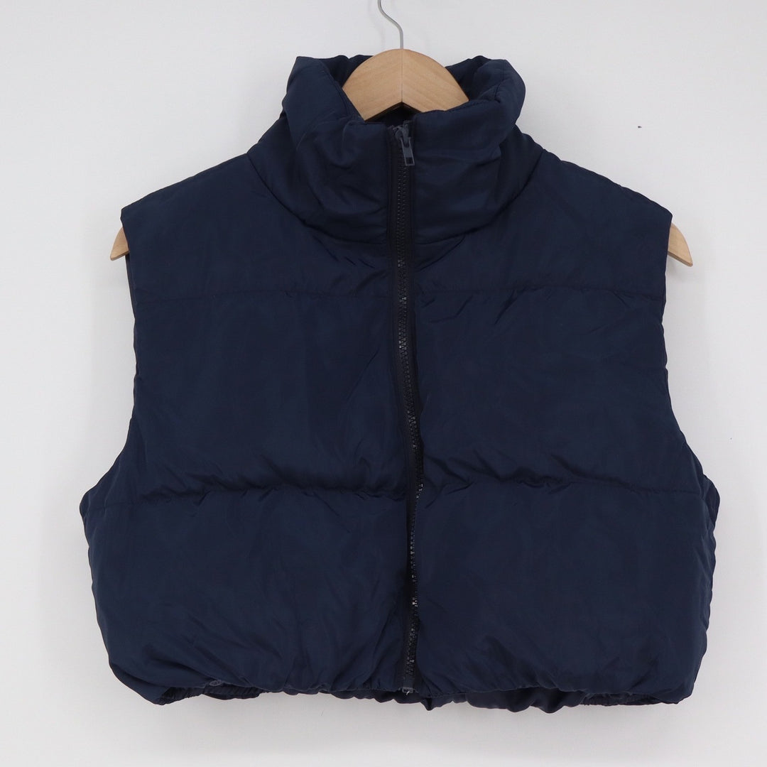 SHEIN Womens Navy Blue Cropped Puffer Vest Funnel Neck Quilted Size XS 2