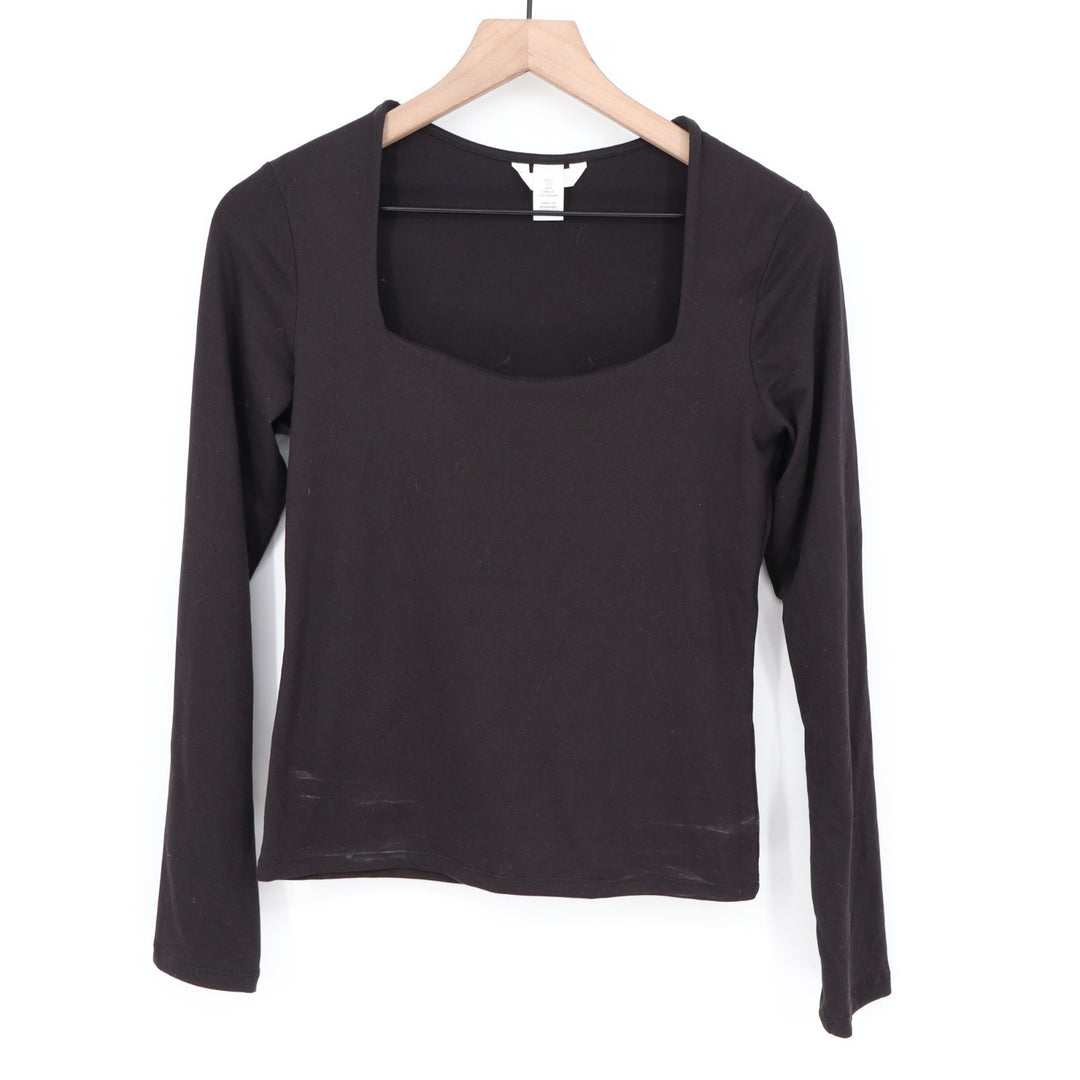 H&M Crop T-Shirt Womens Small Black Stretch Square Neck Long Sleeve Pullover