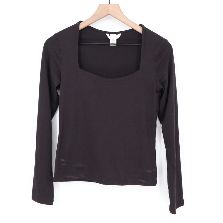H&M Crop T-Shirt Womens Small Black Stretch Square Neck Long Sleeve Pullover