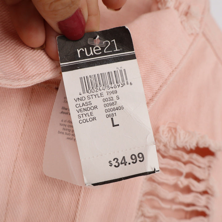 Rue21 Denim Jacket Womens L Pink Distressed Shredded Cotton NEW
