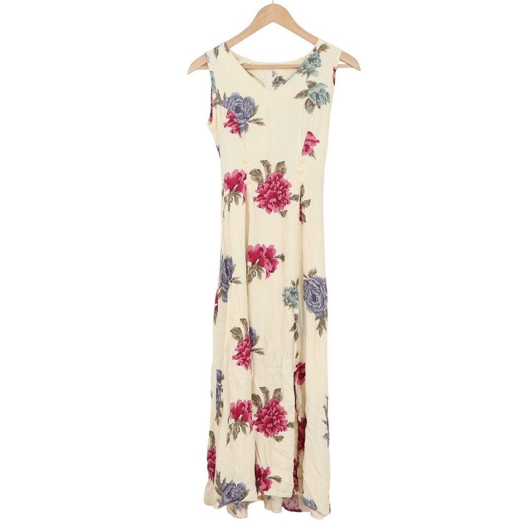 En Focus Vintage Floral Maxi Dress Cream Pink Rose V-Neck Sleeveless 5/6