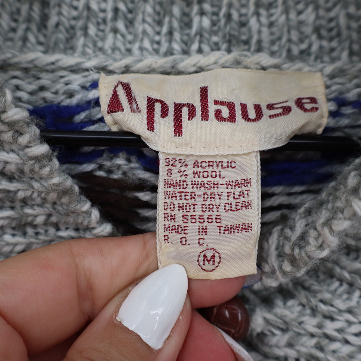 Vintage Applause Fair Isle Shawl Collar Sweater Grey Multi Geometric Knit Medium