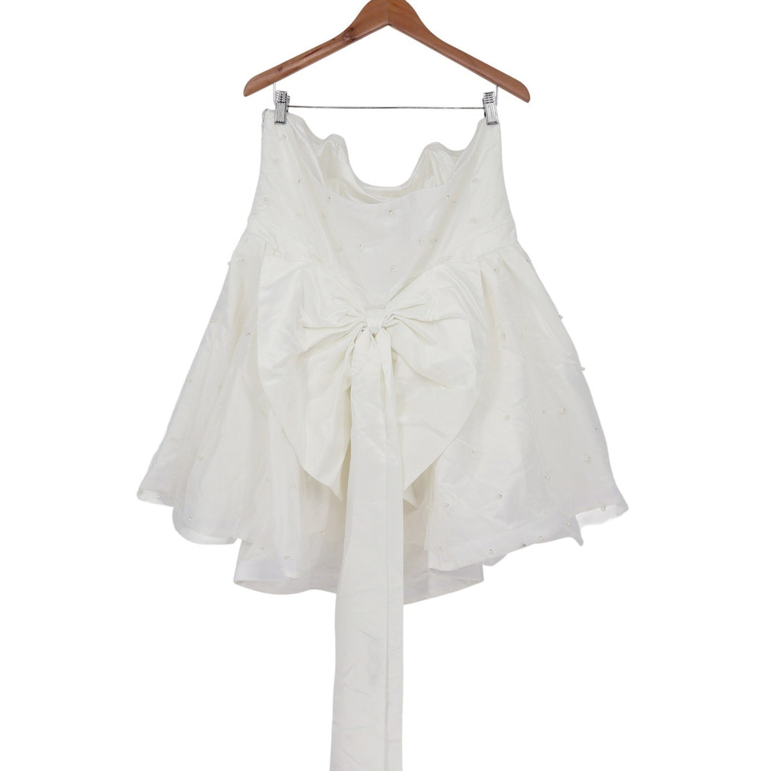 Showpo Cailene Mini Dress Ivory Strapless Pearl Bow Train Fit Flare US 16 NEW