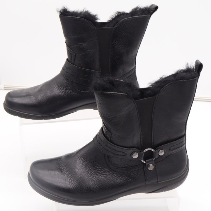 Abeo Zoey Black Leather Sheepskin Lined Harness Ankle Boots Womens 8