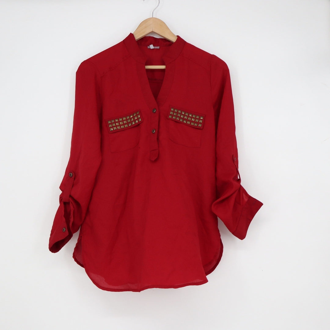 Charlotte Russe Red Studded Pocket Roll Tab Sleeve Blouse Henley Top Medium