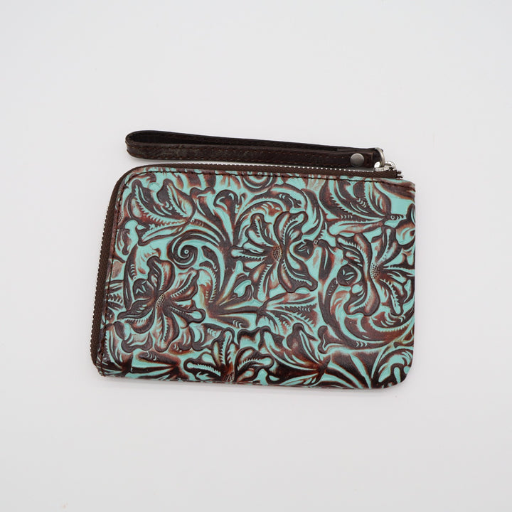 Patricia Nash Cassini Women Wristlet Wallet Turquoise Tooled Leather Credit Card