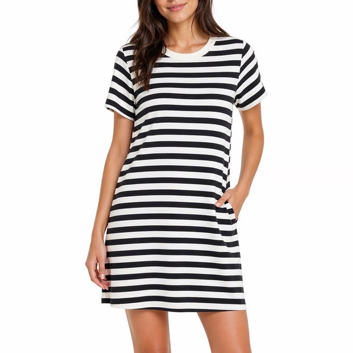 Old Navy T-Shirt Dress Womens Large Petite White Black Striped Cotton Round Neck
