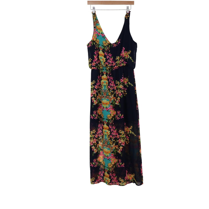 2b Bebe Floral Maxi Dress Navy Blue Sleeveless V-Neck Side Slit Size L