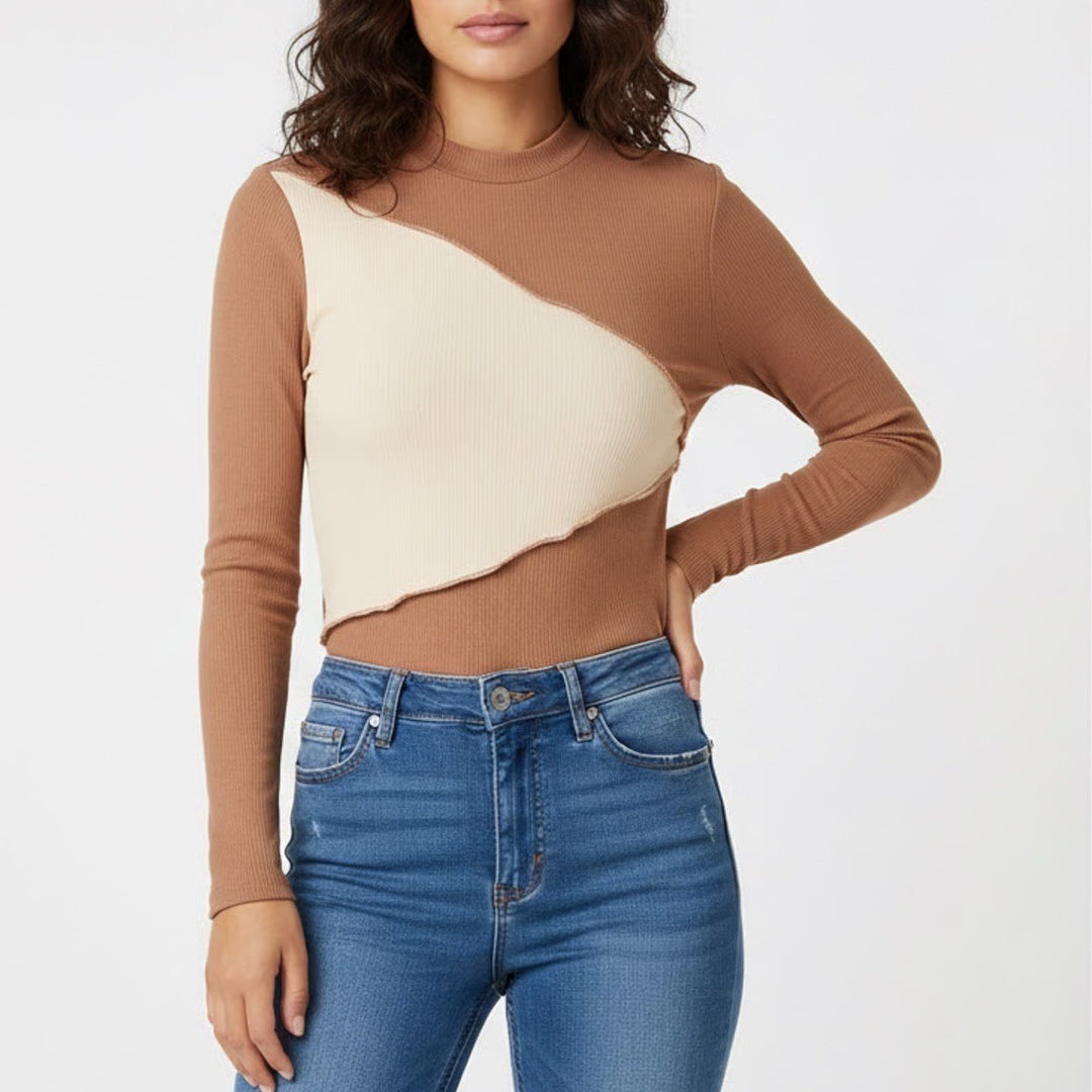 Naked Wardrobe Color block Ribbed Mock Neck Bodysuit Coco Oatmeal L