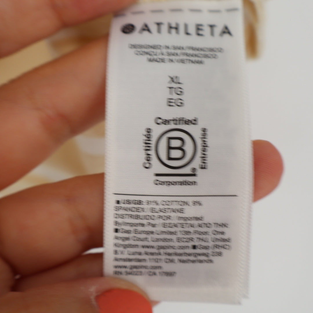 Athleta Womens XL Tan White Striped Short Sleeve Crewneck T-Shirt Relaxed Fit