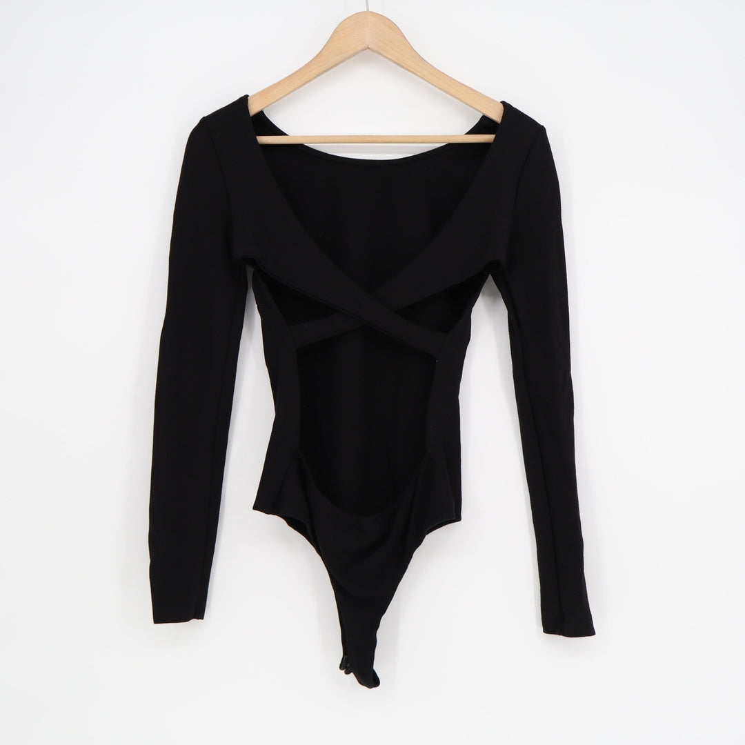 Lulus Black Long Sleeve Open Back Crisscross Thong Bodysuit Small