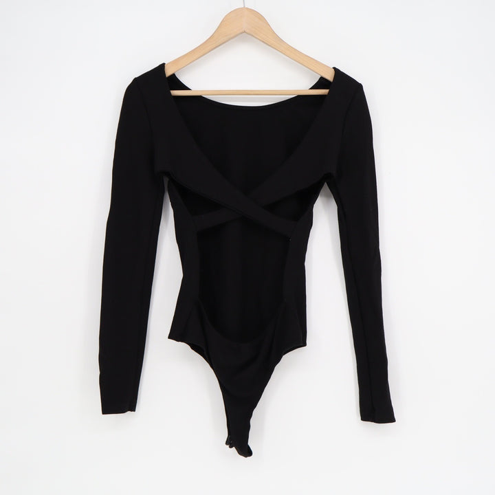Lulus Black Long Sleeve Open Back Crisscross Thong Bodysuit Small