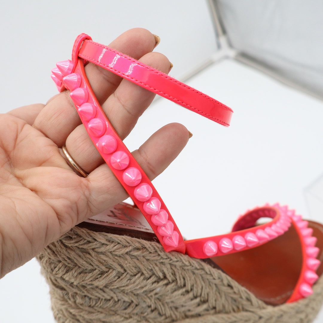 Christian Louboutin Neon Pink Studded Espadrille Wedge Sandals 38