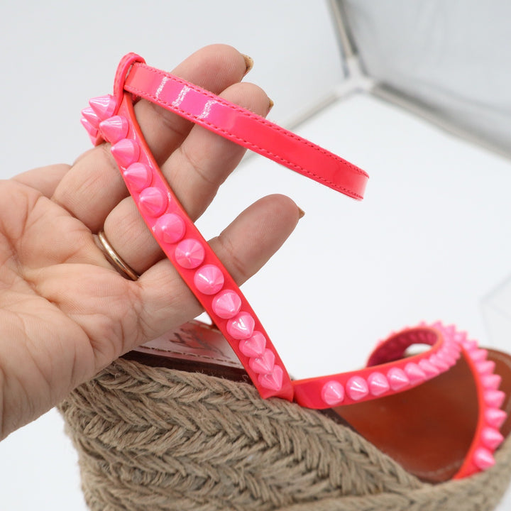 Christian Louboutin Neon Pink Studded Espadrille Wedge Sandals 38